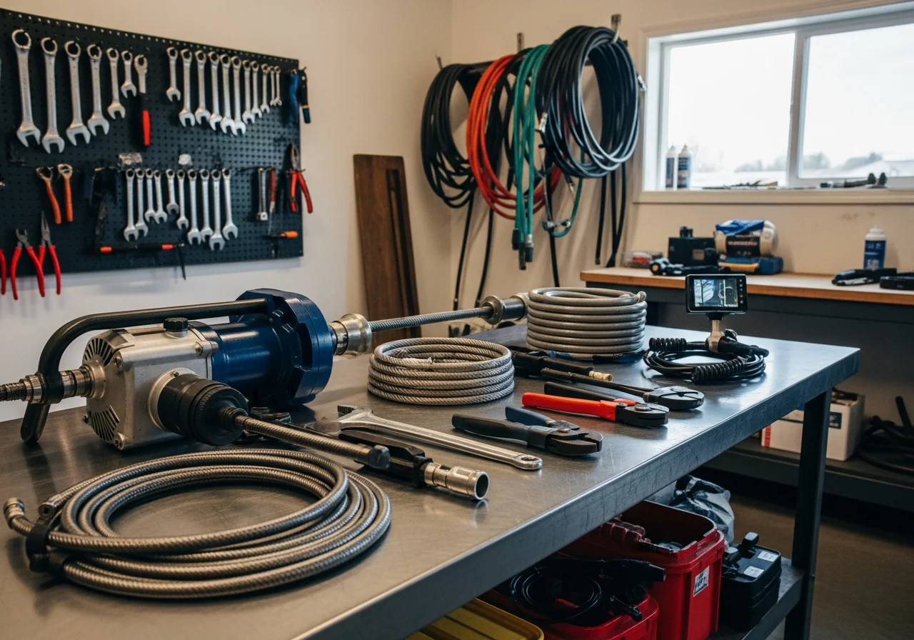Plumbing tools and equipment arranged on a work surface, representing professional drain and sewer service capabilities.