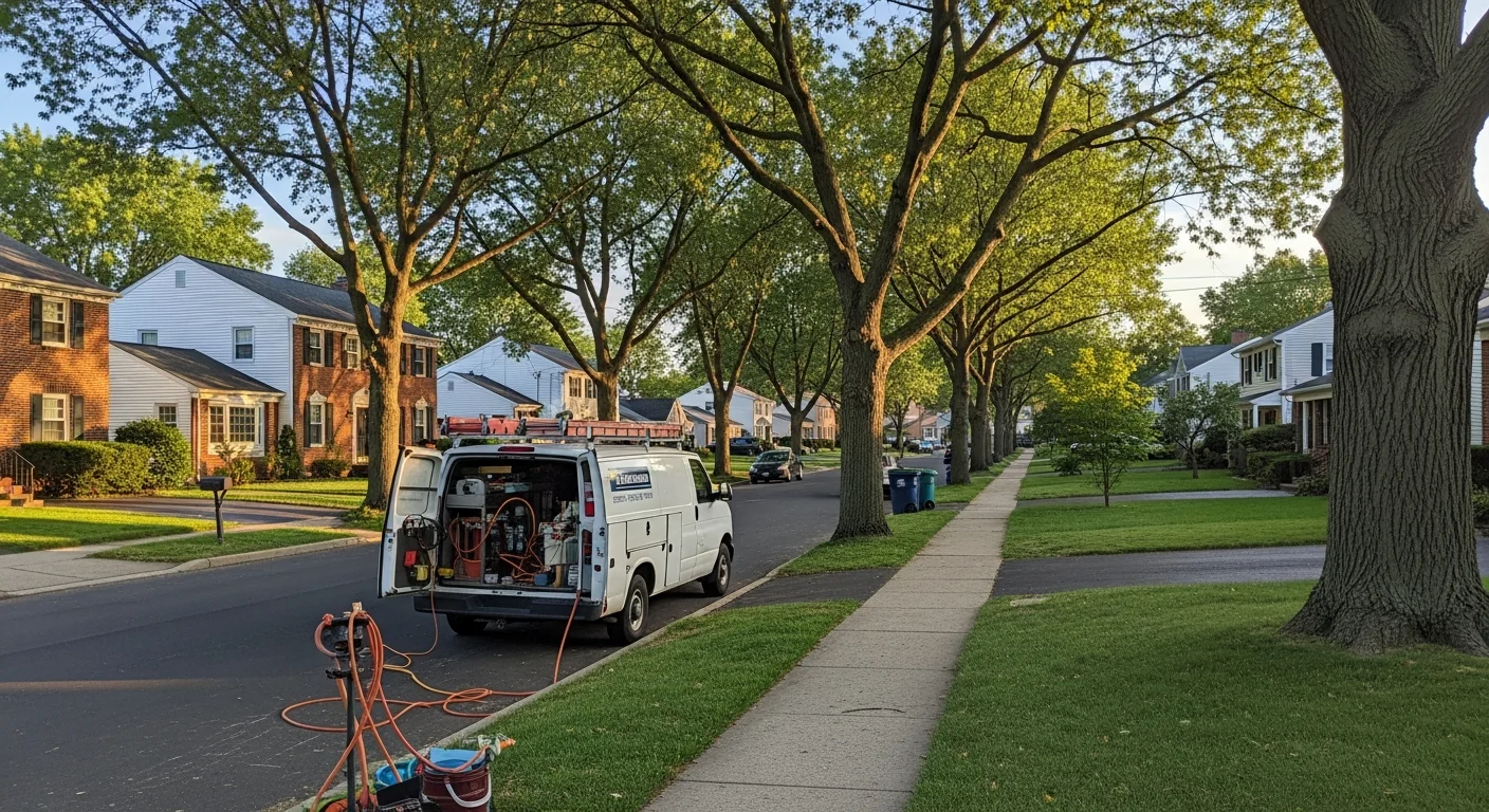 Residential street in Middlesex County with well-maintained homes and mature trees lining the sidewalk.