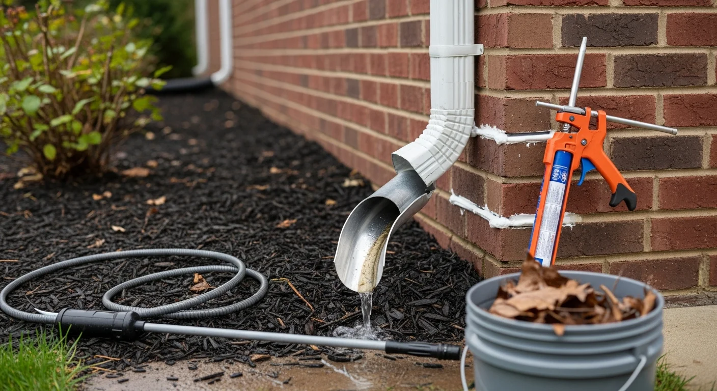 A plumber from Clean Drains LLC flushing and inspecting a residential downspout on a single-family home in Middlesex County, NJ. Water flows freely from the downspout outlet away from the home's foundation after debris removal and joint repair.