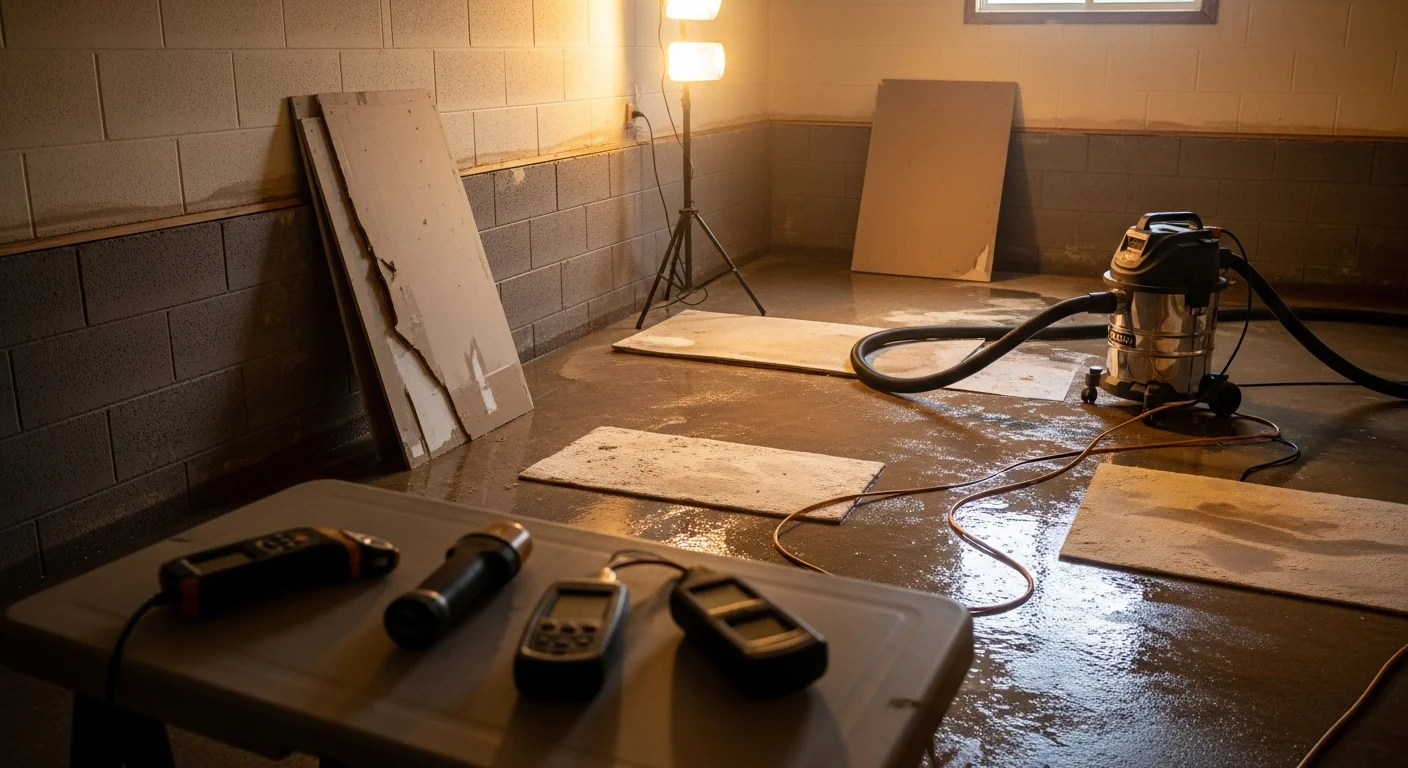 A water damage restoration technician extracting standing water from a flooded basement floor drain in a mid-century Middlesex County home. Drying equipment is staged nearby on wet concrete flooring.
