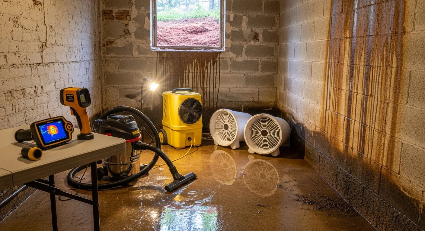 A Middlesex County basement floor drain area after emergency sewage backup cleanup, showing dried and sanitized concrete flooring with restoration equipment staged nearby. A water damage restoration technician in protective gear inspects the treated area for residual moisture.