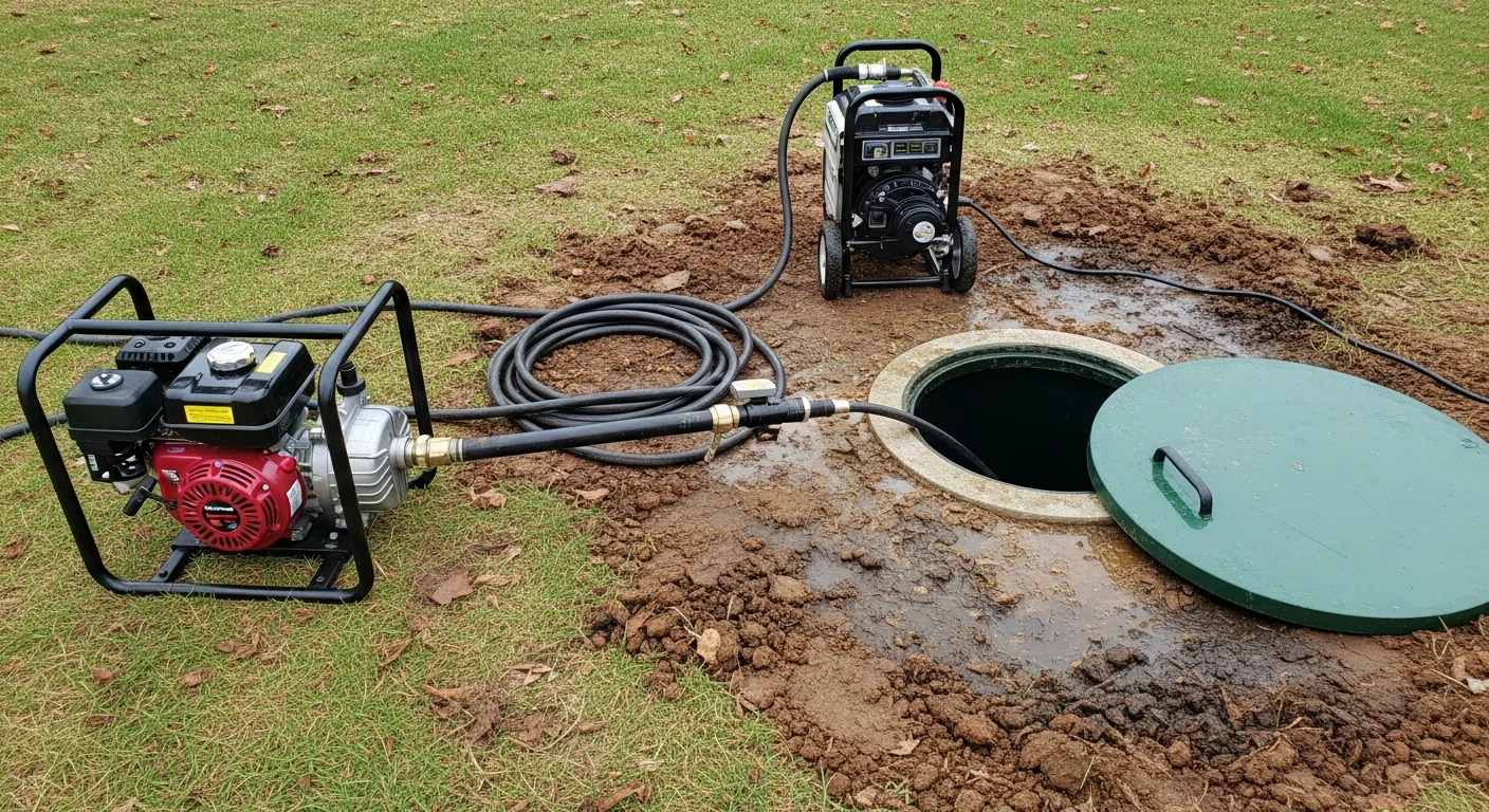 A septic drain cleaning technician accessing a residential septic system in a Middlesex County, NJ backyard, with service equipment positioned near the tank access point. The surrounding lawn shows no visible pooling or damage following the drain cleaning service.