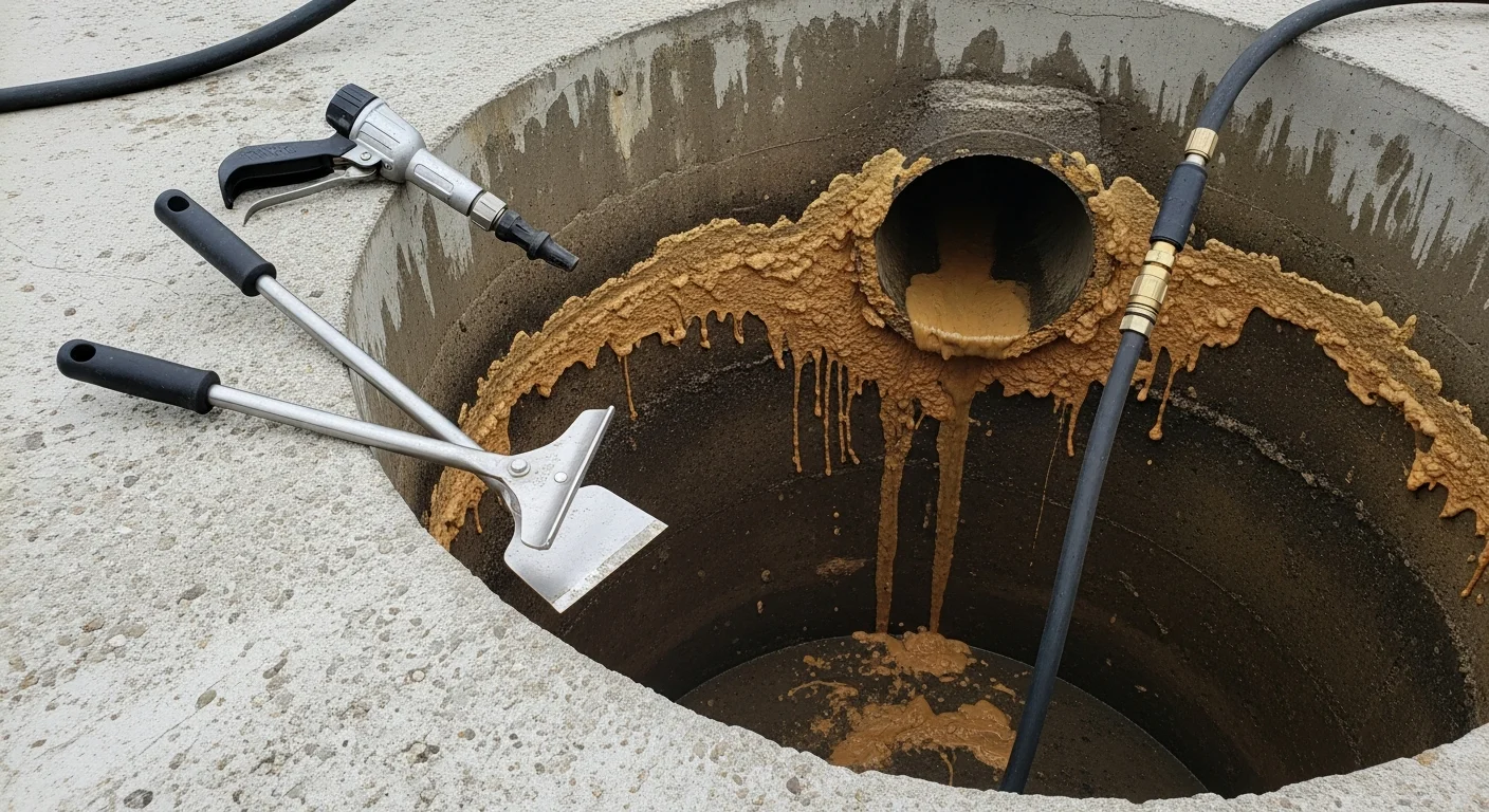 A septic tank access point open in a Middlesex County, NJ yard with a technician using a vacuum hose to remove grease and scale buildup from the tank interior. The tank walls show visible FOG deposits being cleared during a professional cleaning service.