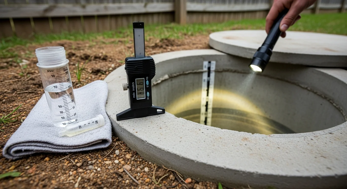 A Clean Drains LLC technician inspecting an open septic tank on a residential property in Middlesex County, NJ, checking baffle condition and sludge levels. The surrounding yard shows a suburban lot with grass over the drainfield area.