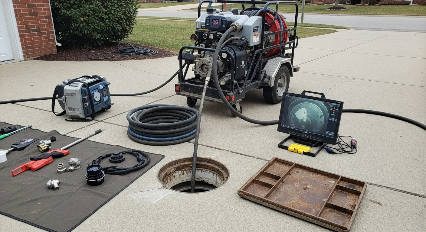 A plumber using a drain cleaning machine to clear a clogged main sewer line in a mid-century residential home in Middlesex County, NJ. The technician works at a ground-level cleanout access point with professional drain cleaning equipment visible on site.