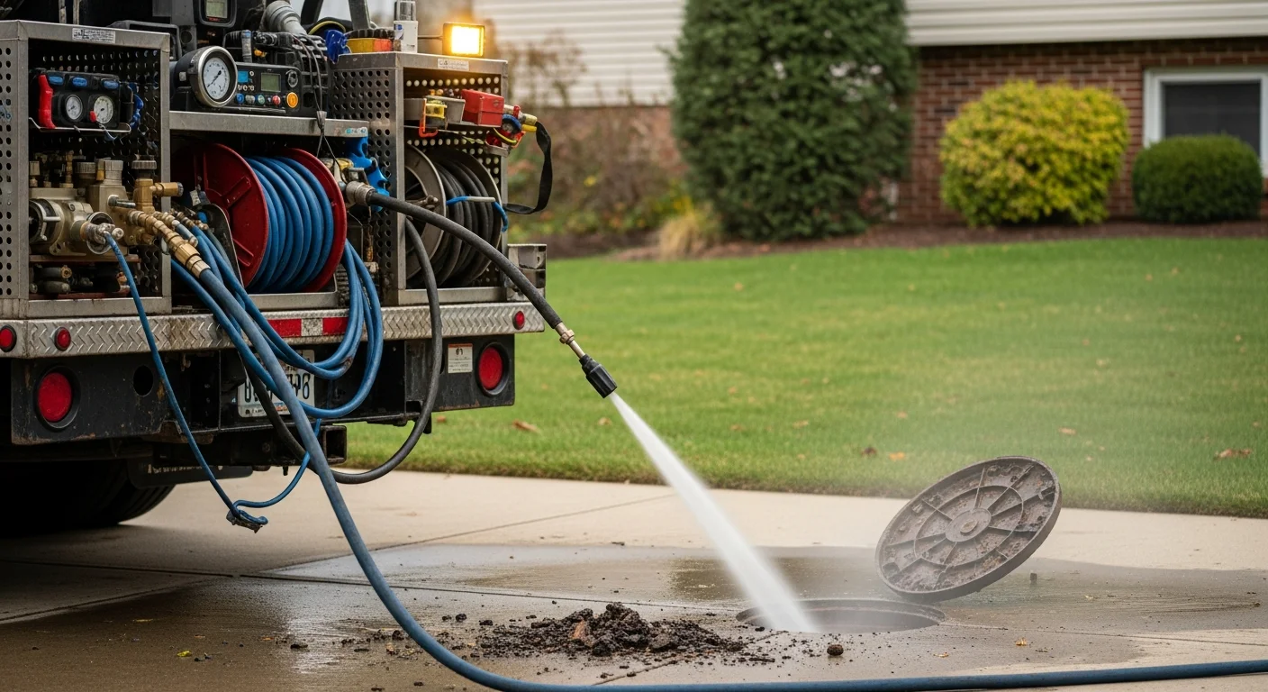 A plumber in Middlesex County, NJ feeding a hydro jetting hose into a residential sewer cleanout access point. The pipe interior shows heavy grease and scale buildup being flushed clear by high-pressure water.