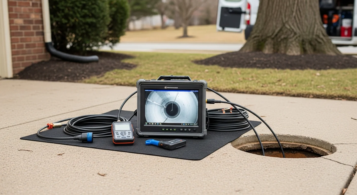 A plumber performing a camera inspection on a sewer line at a mid-century residential property in Middlesex County, NJ. The monitor displays the interior of an aging clay pipe with visible root intrusion and buildup.