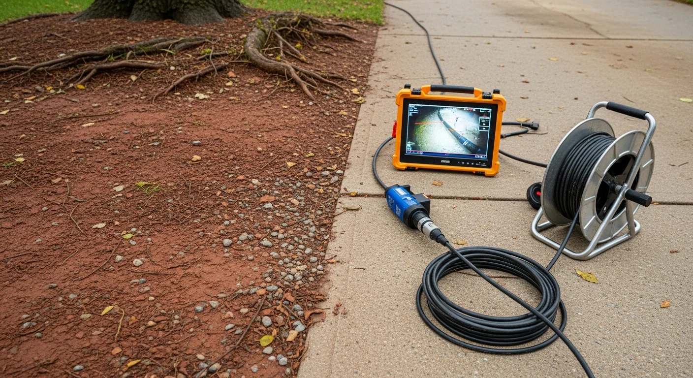 A plumber from Clean Drains LLC feeds a flexible camera cable into a sewer cleanout access point at a residential property in Middlesex County, NJ. The monitor beside the technician displays live footage of the interior pipe wall, showing a section of aging clay pipe with visible root intrusion.