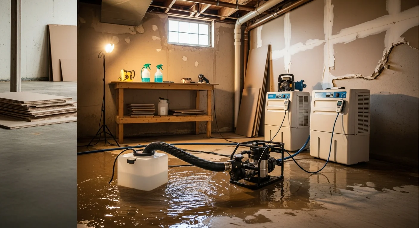A Middlesex County basement floor drain surrounded by standing sewage water after a sewer backup, with visible discoloration on the concrete floor. A water damage restoration technician in protective gear operates an extraction unit to remove contaminated black water from the affected area.